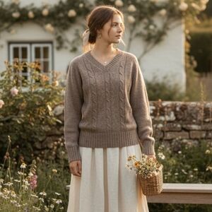 VTG Northern Isles Wool Cable Knit V-Neck Sweater, Sz 34 (XS/S)